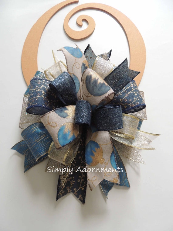 Blue Gold Christmas Bow, Dusty Blue Gold Christmas Ornaments bow, Dusty Navy Blue Gold Christmas Tree Bow, Christmas Lantern Bow, tree bow