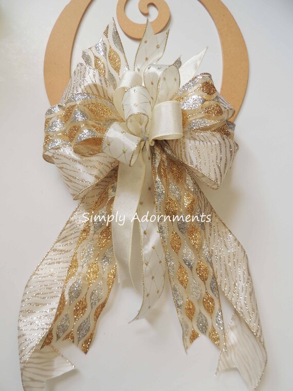 Ivory Gold bow, Zebra Ivory gold door bow, Ivory gold wreath bow, Zebra Ivory gold Christmas tree bow, Sparkle Gold Silver Tree topper Bow