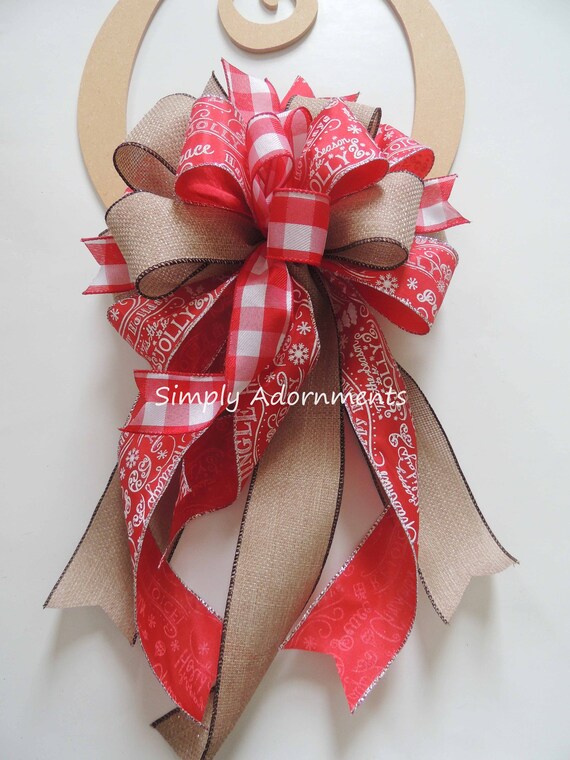 Red white Farmhouse Christmas Bow, Farmhouse Christmas Scripts Wreath Bow, Farmhouse Christmas Tree Topper, Red White check Farmhouse Bow