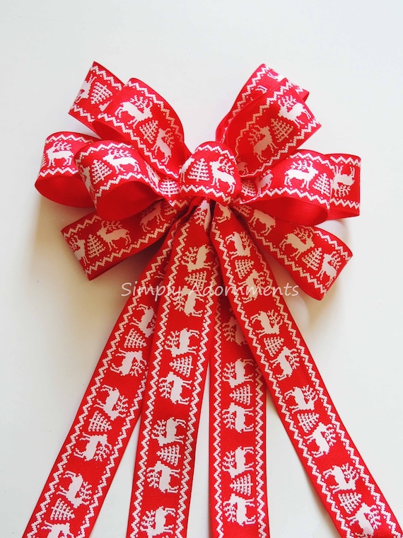 Red White Christmas Sweater Wreath Bow, Nordic Reindeer Christmas Bow, Country Woodland Reindeer wreath Bows, Cabin Christmas Lantern Bow