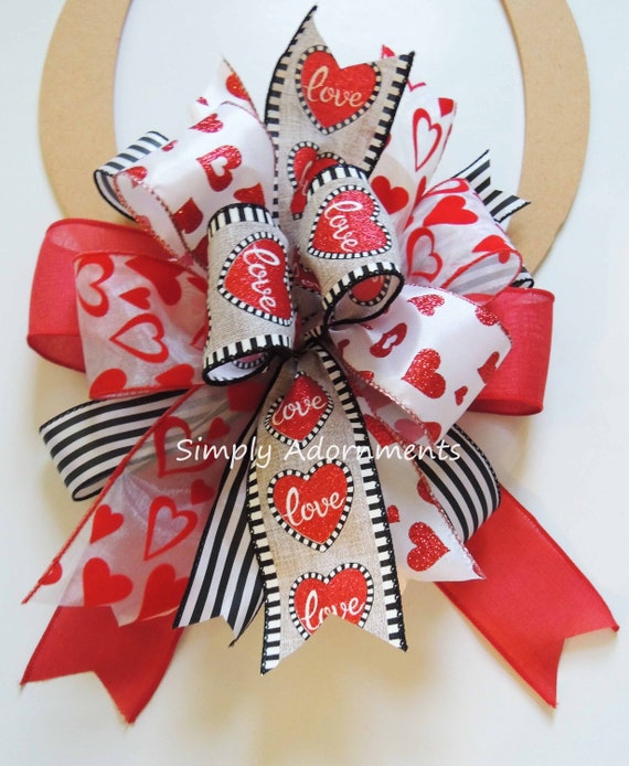 Red black Valentine bow, Red Valentine Heart bow, Valentine wreath Bow, Valentine lantern bow, Red Heart Basket gift Bow, Red White door bow