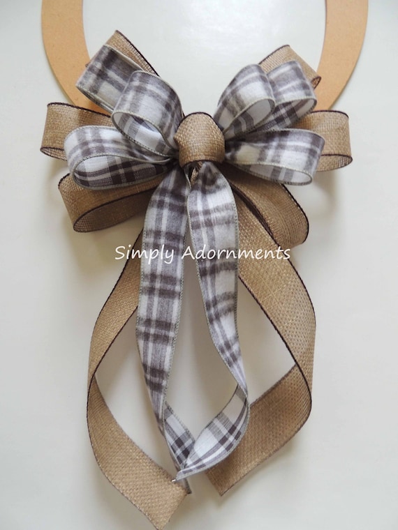 Vintage Burlap Grey Plaid Bow, Farmhouse Tan Check Bow, Burlap grey plaid sign Bow, grey Farmhouse Bow for Sign Door Lantern Bow door hanger