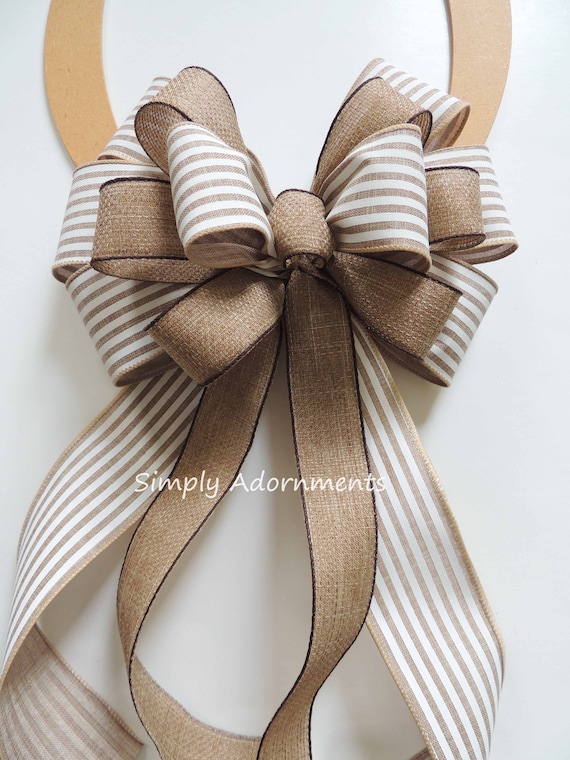 Farmhouse Striped bow, Farmhouse Style bow, Beige striped Wreath Bow, Everyday Wreath bow, Farmhouse Bow, Porch Sign Bow, Door Hanger bow