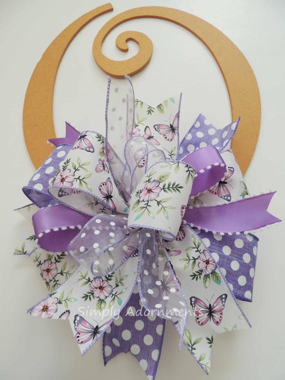 Purple Butterfly and Floral Bow, Purple Lavender Floral Wreath Bow: Spring Door, Party Decoration