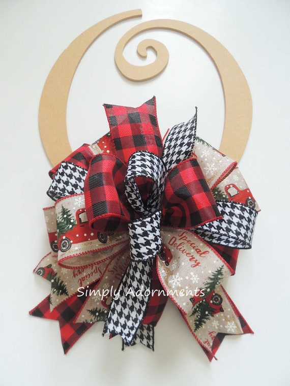 Red Truck Christmas Farmhouse Tree Bows, Farmhouse Christmas Wreath Bows, Rustic Farmhouse Christmas Tree Topper Bow Black Buffalo Check Bow