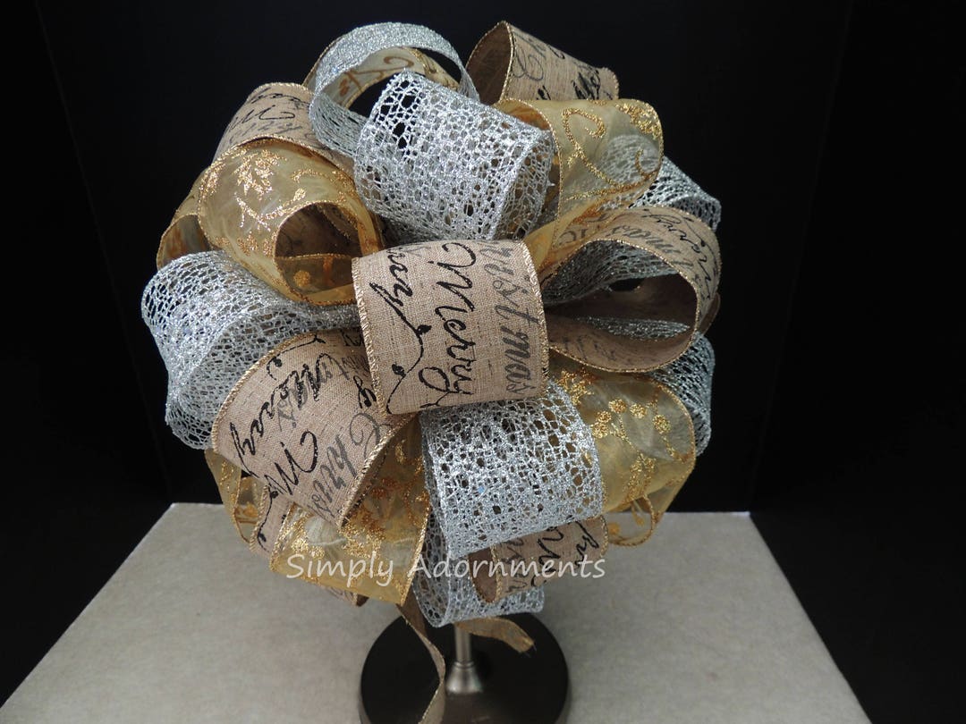 Merry Christmas Scripts Bow, Rustic Christmas Tree Topper, Silver Gold ...