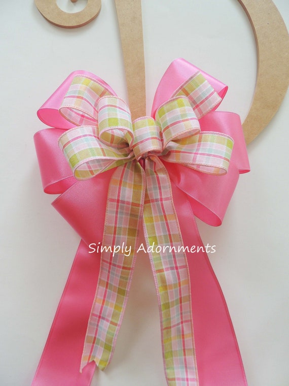 Pink Spring Plaid Bow Pink Spring Stripes Wreath Bow, Pastel pink Plaid Lantern Bow, Pink Birthday gift bow, Pink Lime Stripes Wreath bow