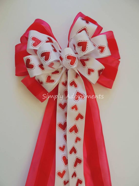 Red Pink Valentine Wreath Bow Glitter Red Heart Valentine Bow Valentine Heart Wreath Bow Red Valentine Wedding Pew Bow Valentine Gifts Bow