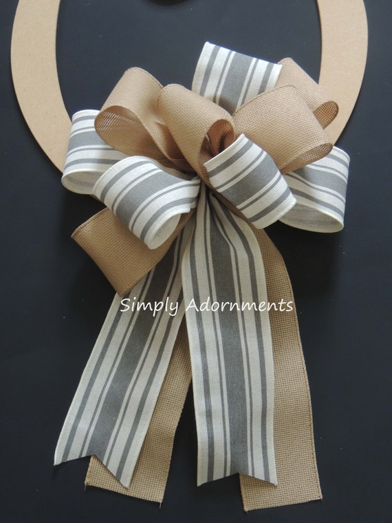 Gray Farmhouse Striped Bow, Grey farmhouse Stripes Bow, Everyday Farmhouse bow, Farmhouse sign Bow, Farmhouse wreath bow, Door hanger Bow