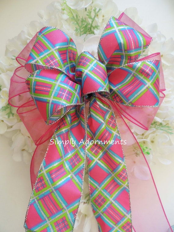 10"wide Spring Pink Plaid Wreath Bow Pink Green Blue Plaid Wreath Bow Pink Tartan Spring Wreath bow Spring Easter Wreath Bow Easter Gift Bow Il_570xn