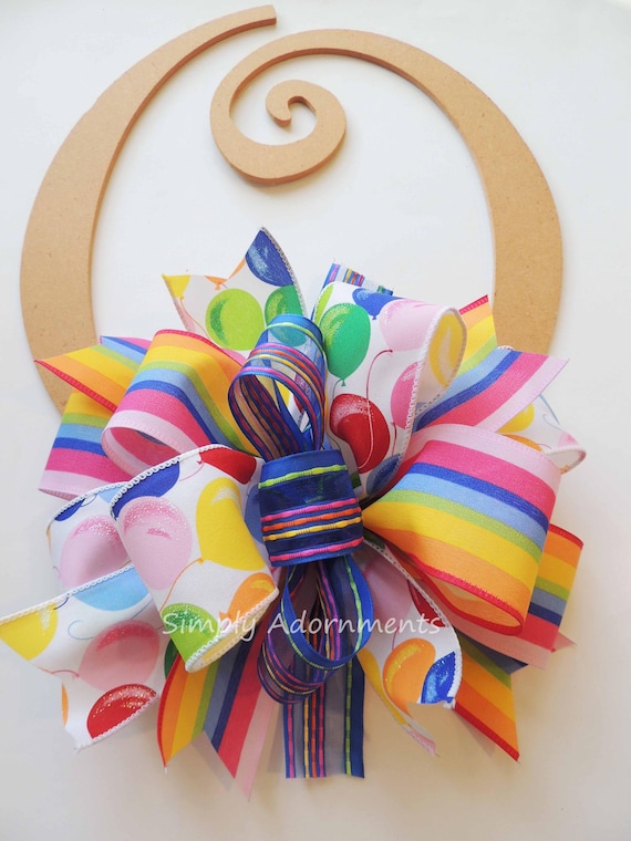 Multicolored Happy Birthday Gift Bow, Red Blue Yellow Birthday Bow, Birthday Wreath Bow, Happy Birthday basket Bow, Door Hanger Birthday bow