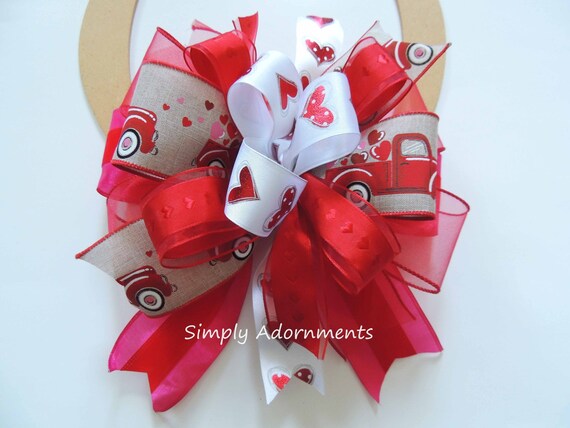 Valentine Red Truck Bow,  Valentine heart Truck Bow, Valentine Wreath Bow, Valentine Lantern swag Bow, Red truck Valentine gift basket bow