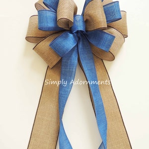 Blue Denim Burlap Ribbon Bow, Farmhouse beige Blue Wreath Bow, Rustic blue Denim Burlap door Bow, Denim blue door Bow, Farmhouse Lantern Bow Blue Denim ribbon