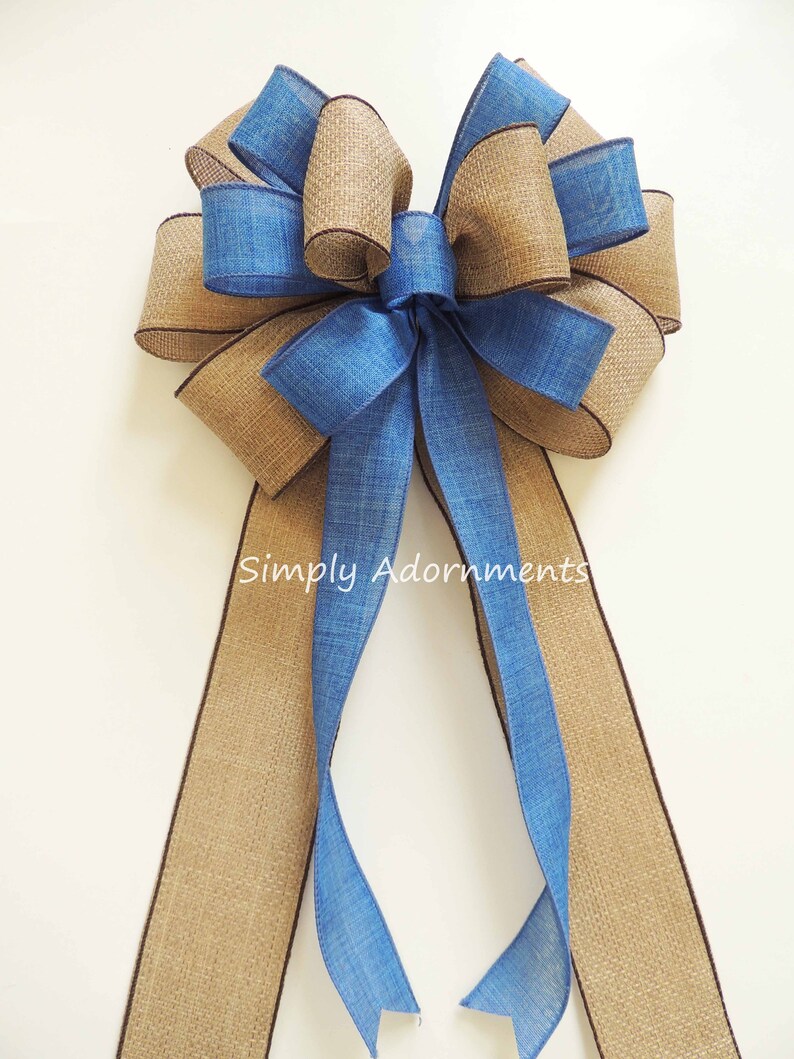 Blue Denim Burlap Ribbon Bow, Farmhouse beige Blue Wreath Bow, Rustic blue Denim Burlap door Bow, Denim blue door Bow, Farmhouse Lantern Bow Blue Denim ribbon