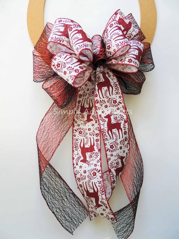 Christmas Reindeer Bow, Burgundy black Deer Bow, Tree topper Bow, farmhouse Wreath Decor, door Accent