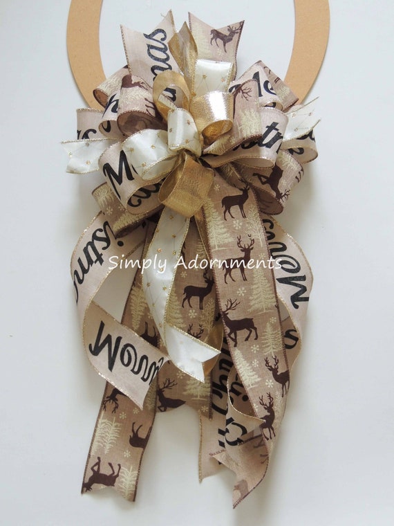 Farmhouse Christmas Bow, Farmhouse Christmas Scripts Bows, Reindeer Christmas Tree Topper, Rustic Reindeer Tree bow, Christmas Lantern Bow