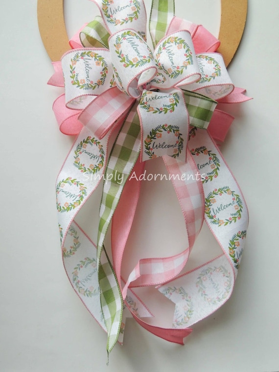 Spring Plaid Wreath Bow, Pastel Floral Welcome Ribbon Decoration, Pink Lantern Ligature