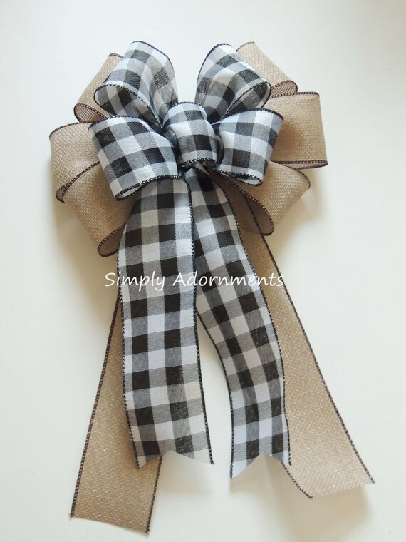 Farmhouse Black Check Wreath Bows Sparkle Burlap Black Buffalo check bow for Wreath Rustic Black White Check farmhouse Bow black check bow Il_570xn