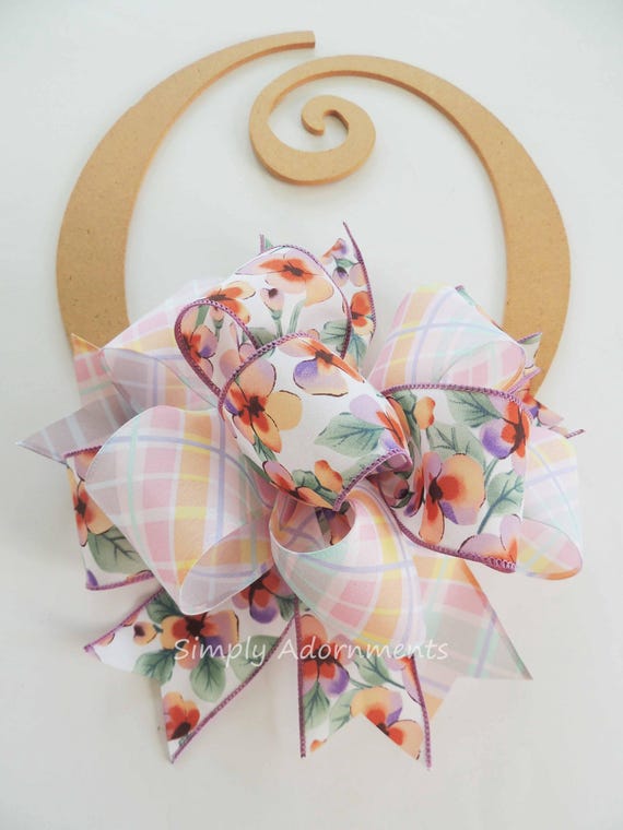 Purple Pansies Wreath Bow, Spring Plaid wreath Bow, Lavender Flowers Bow, Purple Door, Spring Pastel Party Decor