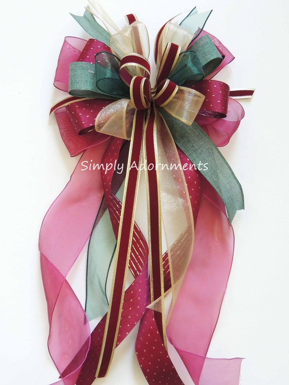 Burgundy green Bow, Burgundy Emerald green Wreath bow,  tree topper, Easter Lantern Bow, Red green Gift Basket Bow, Red green Christmas bow