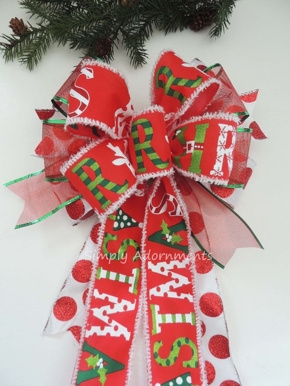 Whimsical Red Green Christmas Bow, Red Green Merry Christmas Bow,  Dots Stripes Christmas Tree Top bow, Christmas lantern Swag Bow, Gift Bow