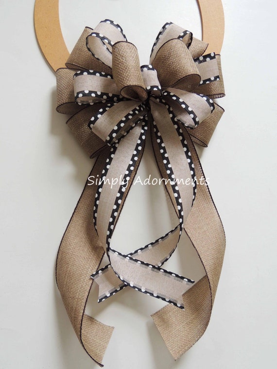 Natural Beige Bow, Burlap Farmhouse wreath bow, Tan Black Dots Burlap Wreath bow, Neutral Burlap Wreath bow, Tan Beige farmhouse Door Bow