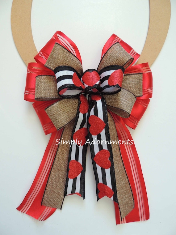 Valentine Wreath Bows, Black Stripes Glitter Red Heart Valentine Bow, Valentine Heart lantern Bow, Valentine Door bow,  Valentine Gift Bow