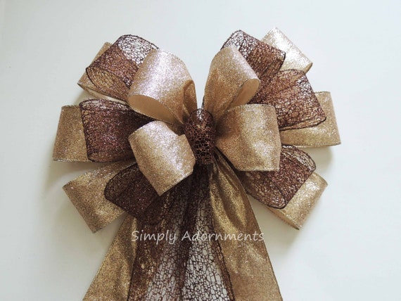 Xlarge Brown Gold Christmas Tree Bow, Brown Gold Christmas Topper Tree Bow, rustic gold brown Christmas, large Wreath Bow, Christmas door Bo