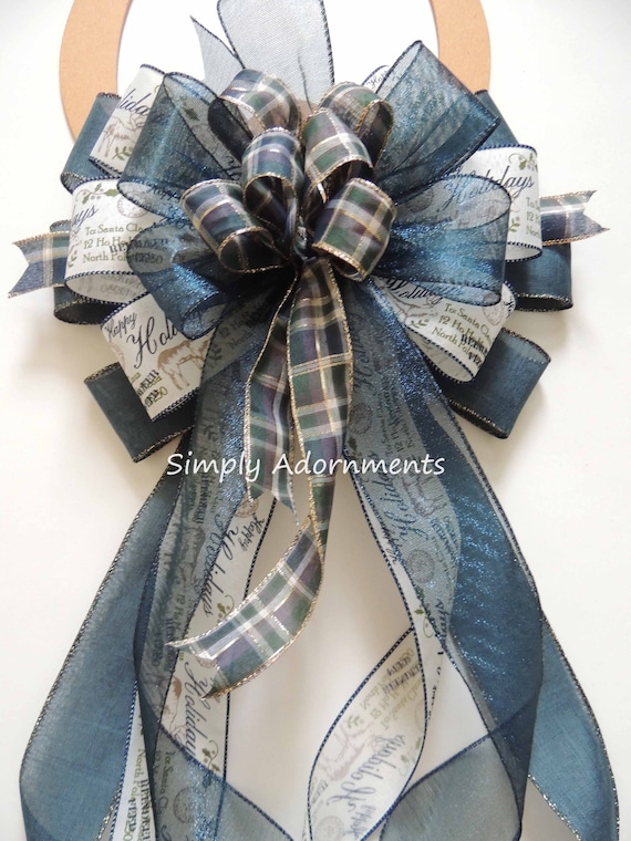 XLarge Navy Christmas plaid Bow, Navy Green Christmas Tree Topper bow, Navy Christmas wreath Bow, Navy Christmas plaid Tree bow, Door bow