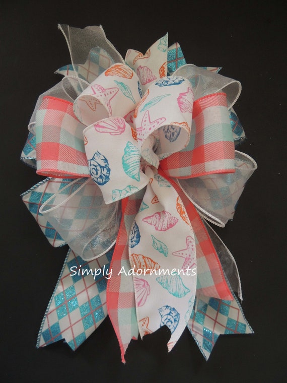 Whimsical Coastal Wreath Bow, Coral Blue beach Lantern Bow, Beach wreath bow, Seashell door hanger Bow, Beach wreath bow basket gift bow Il_570xn
