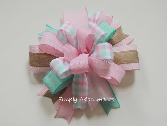 Aqua Green Pink bow, Aqua Pink baby shower Bow , Aqua Pink Sign Door Bow, Spring Color Wreath Bow, welcome sign bow Spring Color Lantern Bow