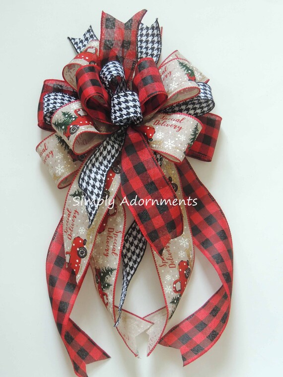 Red Truck Christmas Bow, Farmhouse Christmas Bow, Red truck winter lantern Bow, Red black Christmas bow Tree Topper Bow, Christmas truck bow