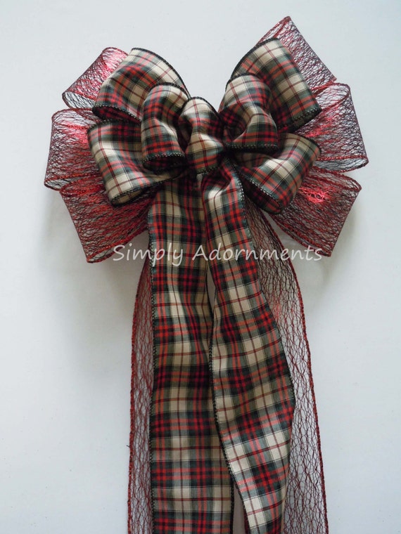 Red Black Plaid Christmas Bow, Burgundy black Christmas Plaid Bow, Country Chic Christmas Tartan Bow, farmhouse Christmas Bow, door bow