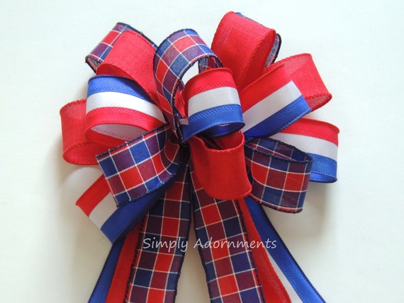 Red White Blue Bow, Patriotic Plaid Wreath Bow, Fourth of July Bow, July 4th wreath Bow, Patriotic Gift Bow, Independence Day Decoration