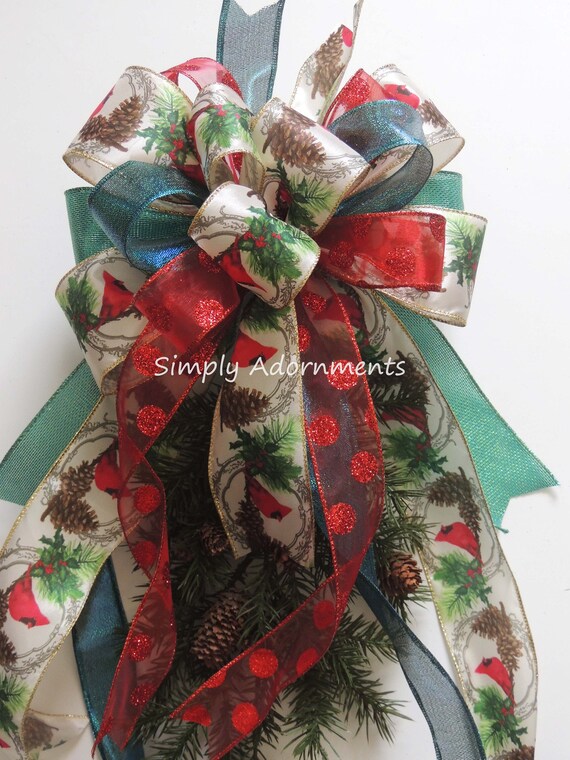 Red Teal Christmas Wreath Bow Whimsical Christmas Cardinal Tree Topper Bows, Cardinal Christmas Lantern Bow, Red Teal Christmas Tree Bow