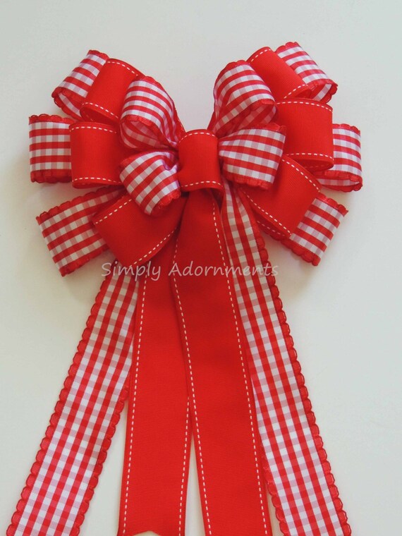 Red White gingham Wreath Bow Valentine Red check Swag Bow Red Gingham Wedding Pew Bow Red lodge Check Tree Topper bow Door Hanger Bow