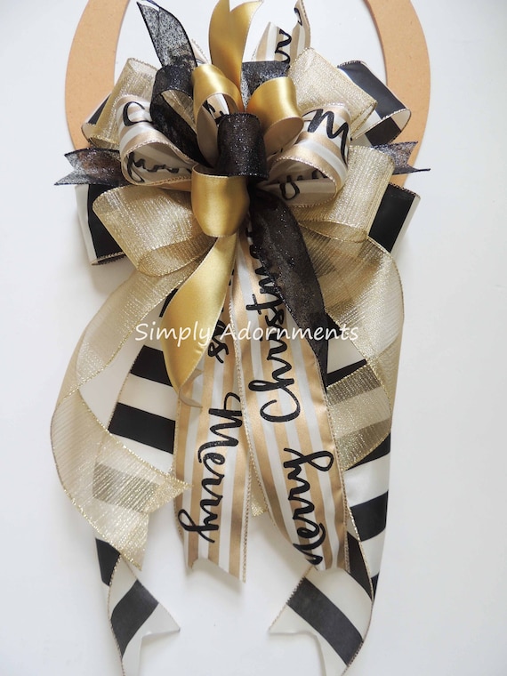 Ivory Black Gold Christmas Bow, Black Gold Christmas Tree topper, Cream gold Merry Christmas Scripts Bow, Christmas wreath bow, Lantern bow