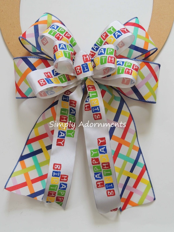 Multicolored Happy Birthday Bow, Red Blue Yellow Birthday gift Bow, Happy Birthday basket Bow, Birthday Wreath Bow, Happy Birthday door bow