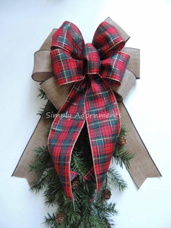 Christmas Plaid bow, Red Green Plaid Faux burlap Christmas Wreath Bow, Red Green Tartan Christmas tree Bow, Door Bow, Holiday Plaid Tree Bow