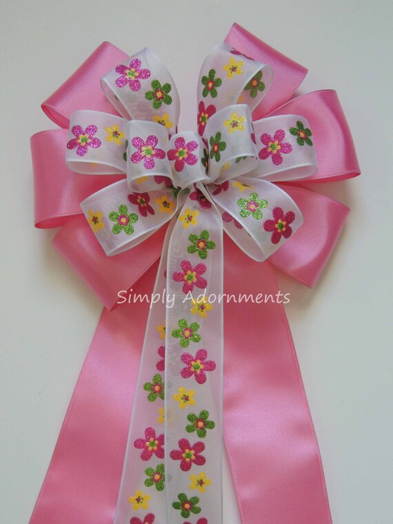 Pink Flower Bow, Pink Flowers Wreath bow, Flowers Summer Wreath Bow, Pink Birthday Party bow, Summer Shower Party decor, Flowers gift bow
