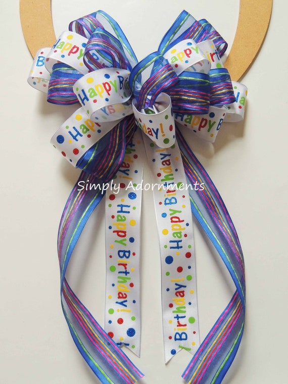 Blue Birthday Bow, Multi-colored Happy Birthday Bow, Happy Birthday Party Decoration Bow, Multicolored Birthday door bow, birthday Gift Bow