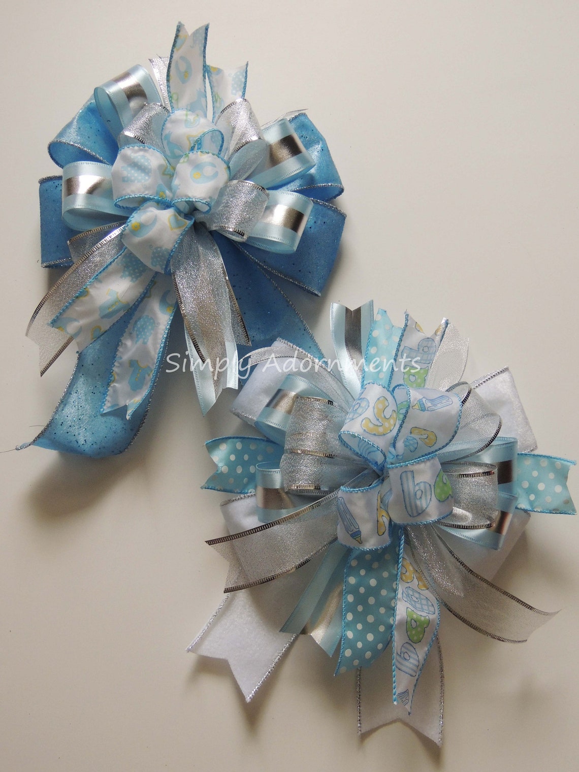 Blue Baby Shower Bow Baby Boy Gift Bow Blue Silver Baby Etsy