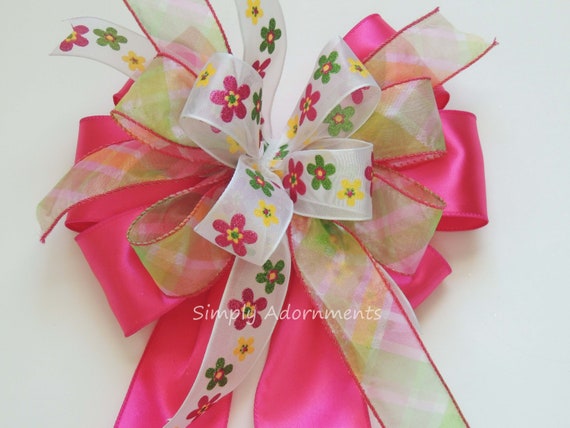 Spring Flowers Bow, Green Pink Spring Wreath Bow, Spring Flowers Lantern swag Bow, flowers Gift Bow, Spring wreath Door bow, Green Pink bow