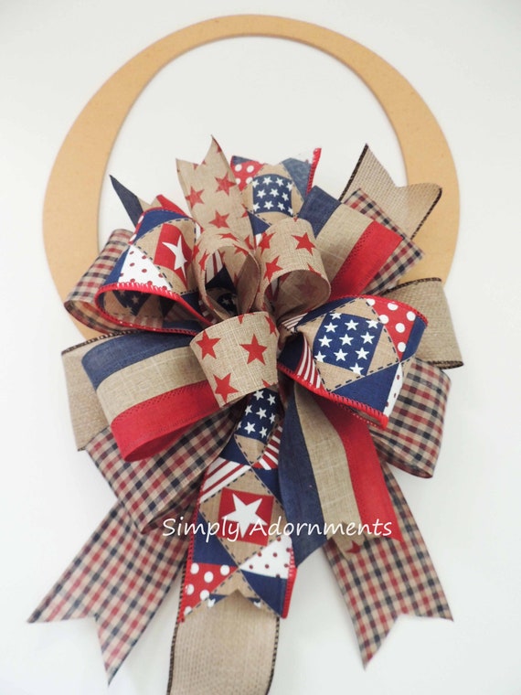 Patriotic Farmhouse Bow, Patriotic Country Wreath Bow, Patriotic Lantern Bow, July 4th bow, July 4th Door Bow, Patriotic farmhouse door bow