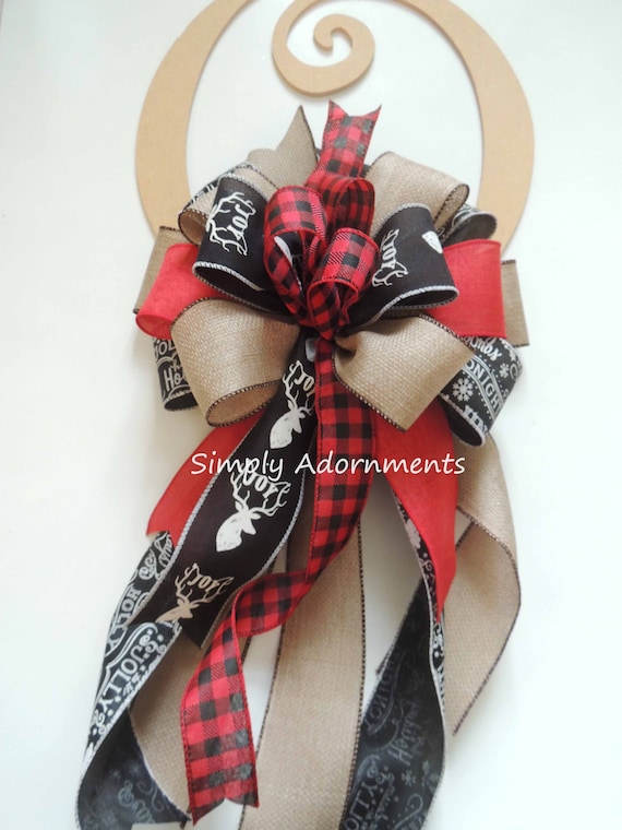 Red Black Reindeer Bow, Reindeer Plaid Check bow, Christmas farmhouse Wreath Bow, Rustic Deer head Tree Topper, Red Black Tan lantern bow
