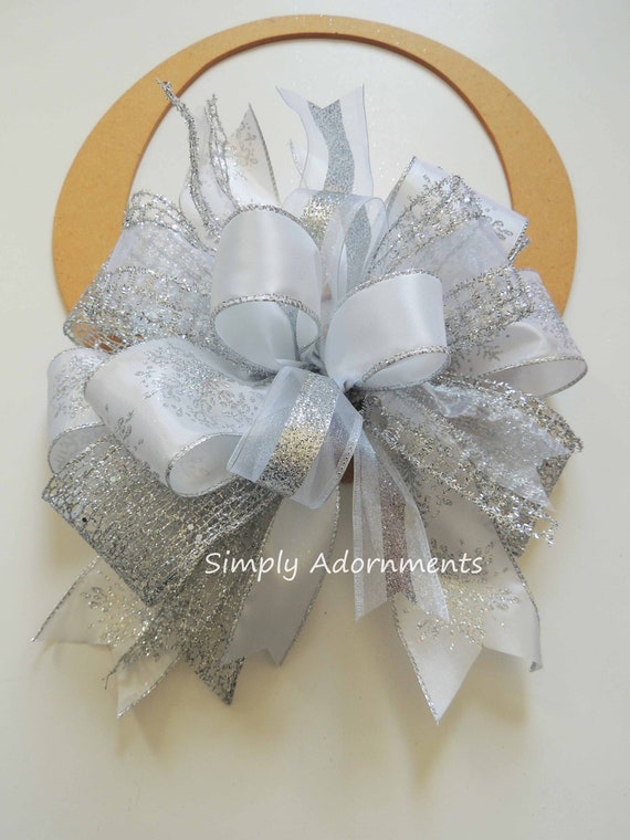 White Silver Christmas Bow, White Silver Christmas Tree Topper Bow, White Christmas Lantern Bow, Christmas Wreath Bow, Christmas door bow