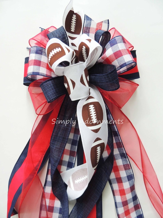 Navy Red White Football Bow: Wired Ribbon Wreath, Door, Lantern Decor