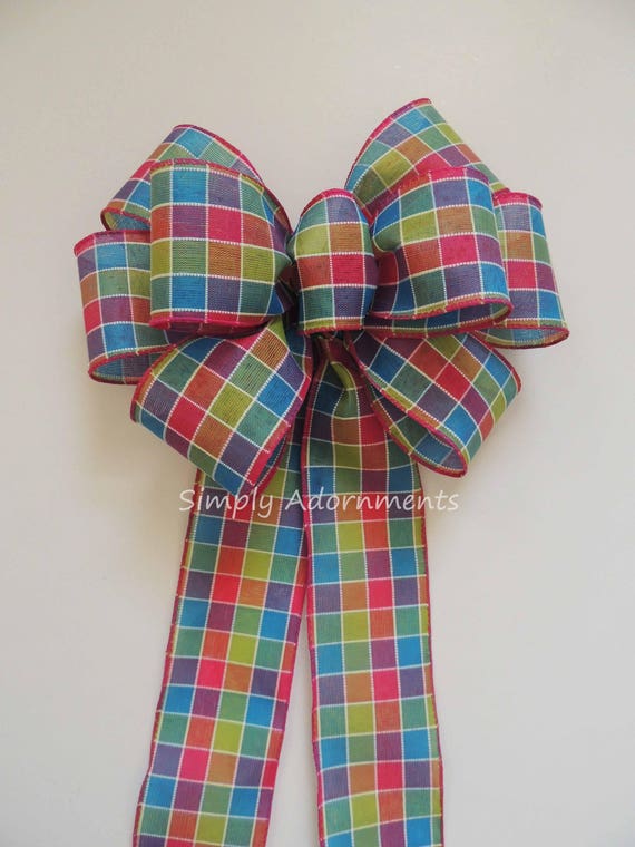 Multi Colored Spring Plaid Wreath bow, Spring Swag bow, Door hanger plaid Bow, Pink Green blue Plaid Wired ribbon Bow, Summer Plaid door bow