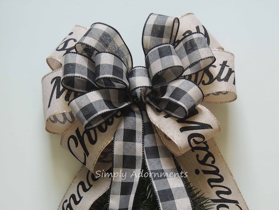 Farmhouse Christmas bow, Rustic Natural Christmas Scripts Bow, Black Buffalo Check Christmas Bow, Black tan Check Christmas Bow, Wreath bow