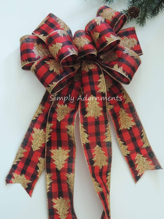 Gold Christmas Tree bow, Red Black Buffalo Check Wreath Bow, Red Black Buffalo Check bow, Gold tree Christmas Buffalo Plaid Bow, Lantern bow